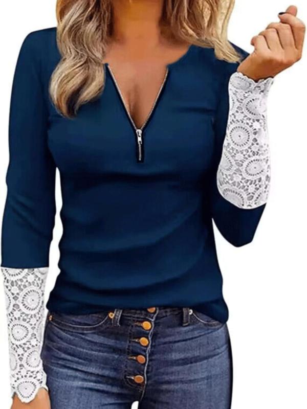 Women's Patchwork Contrast Lace Zipper V Neck Tee, Elegant Long Sleeve T-shirt for Spring & Fall, Ladies Clothes for Daily Wear