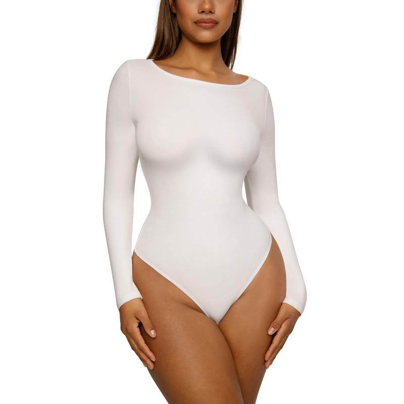 FeelinGirl Women's Scoop Neck Long Sleeve Thong Body Suit Soft Body-Hugging Going Out Tops Basic  Comfortable Womenswear Fashion Spandex Bodysuits Button Bodysuits Button Lady