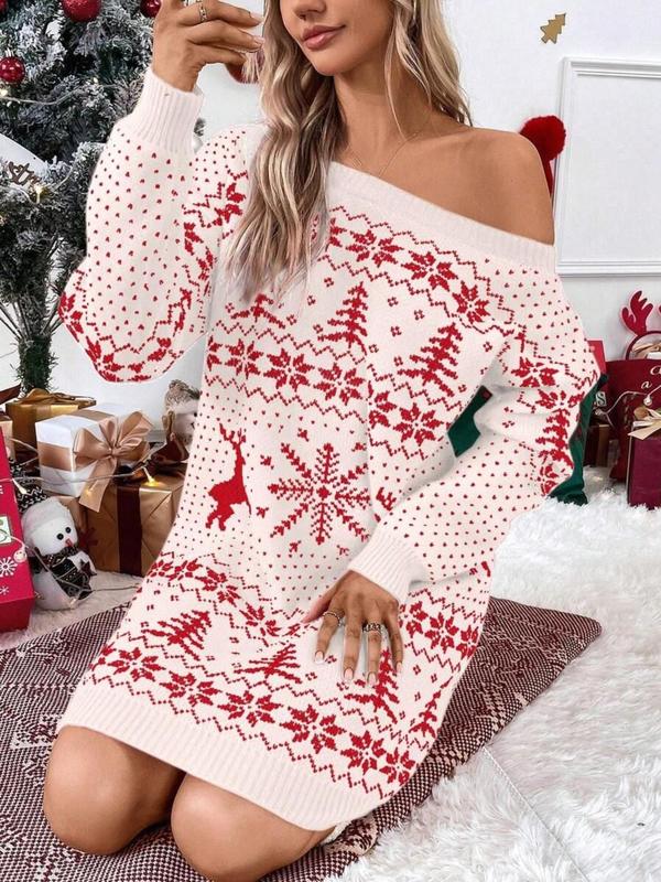 Christmas Deals Women's Christmas Print Round Neck Bodycon Sweater Dress, Casual Long Sleeve Crew Neck Knit Dress for Party Holiday Vacation, Women Crewneck Knitwear Christmas 2024 Trend, Fall & Winter Outfits