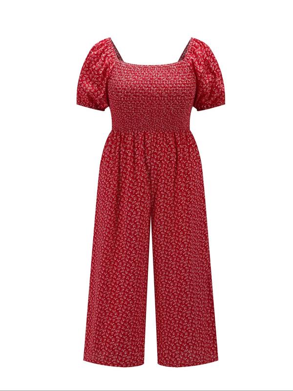  Ditsy Floral Print Shirred Vintage Jumpsuit, Boho Fashion Puff Sleeve Square Neck Jumpsuit for Daily Vacation Wear, Feminine One-Piece Outfits, Jumpsuits for Women, Women Plus Clothing for Summer