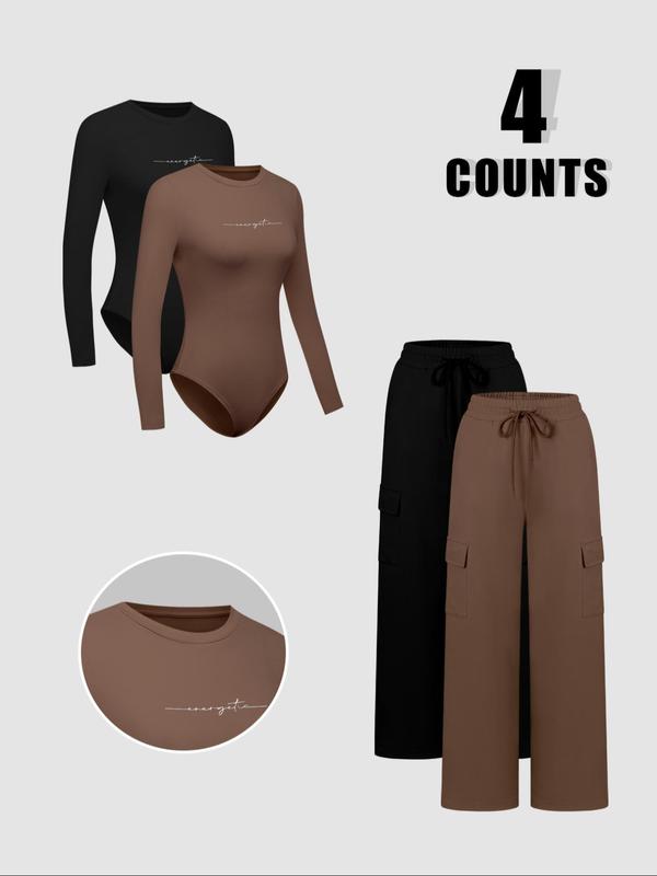 Women's Solid Long Sleeve Bodysuit & Drawstring Waist Pants Set, Casual Round Neck Bodysuit & Trousers, Women's Clothing for Daily Wear