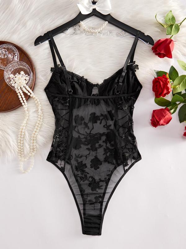 Women's Floral Appliques Lace Up Sheer Tulle Teddy Bodysuit, Elegant Romantic Adjustable Spaghetti Strap Sexy Lingerie Bodysuit For Daily Wear, Ladies Clothes For All Seasons