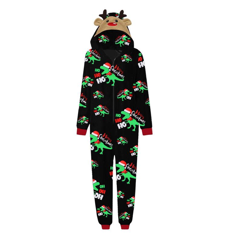 Black Green Christmas Family Matching Jumpsuit, Long Sleeve Hooded Dinosaur Print Zipper Closure Loungewear