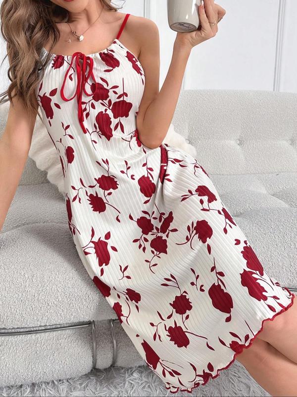 Women's All Over Floral Print Lettuce Trim Cami Nightdress, Casual Soft Comfortable Spaghetti Strap Tie Front Nightgown for All Seasons, Fashion Ladies' Sleepwear for Daily Wear