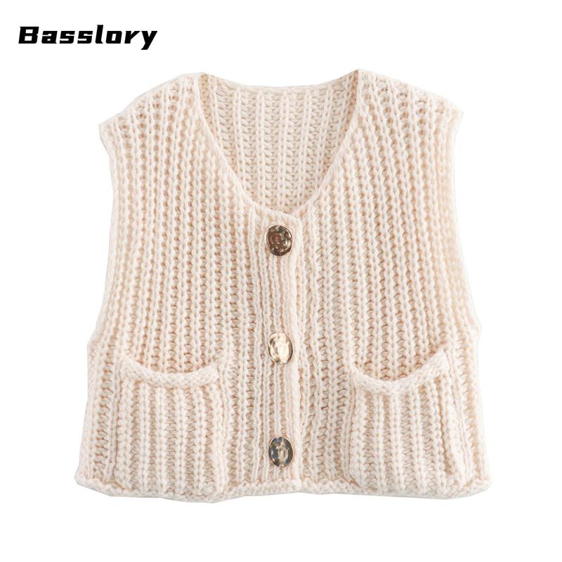 Women Sweater Tank Tops Solid Color Button Front V-Neck Knit Vest Sleeveless Knitwear Cardigan for Streetwear Spring Womenswear