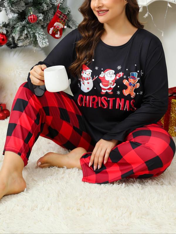  Two-Piece Set Letter & Christmas Print Pajama Set, Casual Comfy Round Neck Long Sleeve Top & Pants, Women's Sleepwear for Spring & Fall