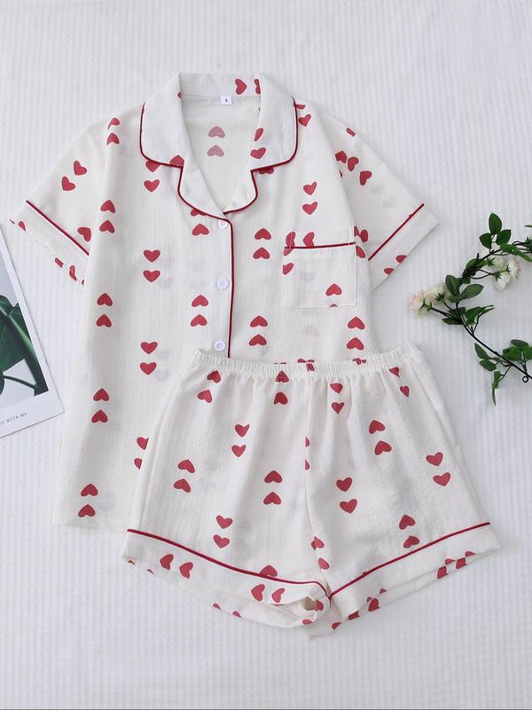 Women's Summer Cherry Print Button Shortsleeve Blouse & Elastic Waist Shorts Breathable Pajama Cute Nightwear Set, Back To School Wear, Summer Clothes Women, Casual Lapel Pocket Top & Shorts PJ Set for Homewear, Plz Purchase A Size Up, 90s Clothes