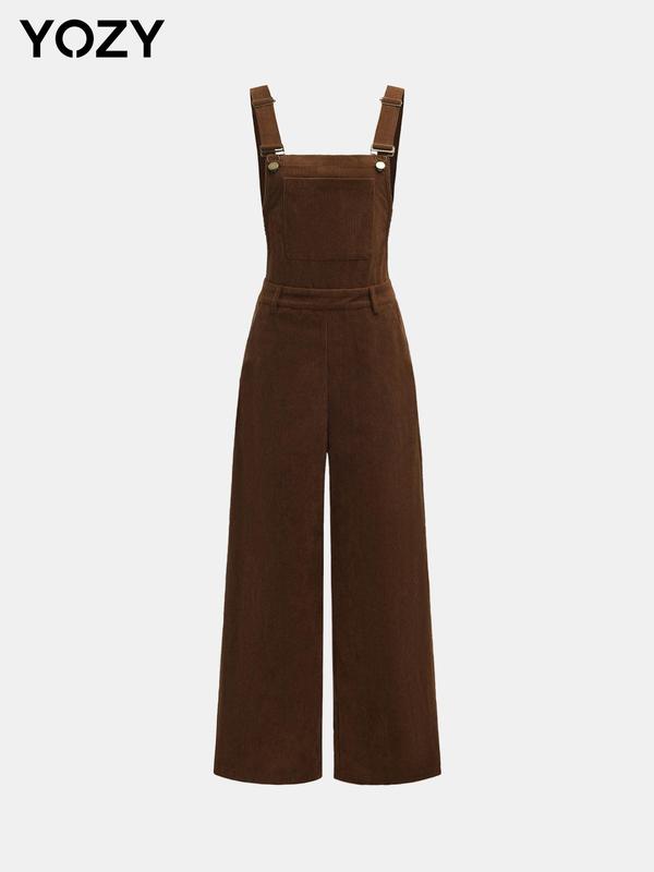 YOZY Women's Solid Button Pocket Ribbed Jumpsuit, Casual Adjustable Strap Square Neck Wide Leg Jumpsuit for Daily Wear, Ladies Clothes for All Seasons