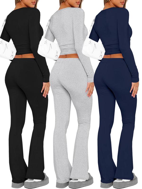 Women's Solid Long Sleeve Crop Tee & Flare Leg Pants Set, Casual Round Neck Top & Bell Bottom Trousers for Spring & Fall, Women's Clothes for Daily Wear