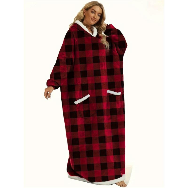 Plus Size Casual Loungewear Robe, Women's Plus Long Sleeve Hooded Flannel Cozy Wearable Blanket With Pockets