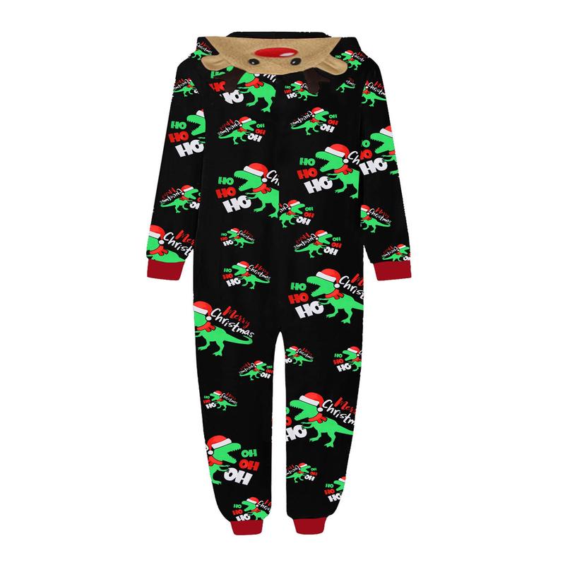 Black Green Christmas Family Matching Jumpsuit, Long Sleeve Hooded Dinosaur Print Zipper Closure Loungewear