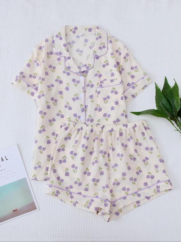 Women's Summer Cherry Print Button Shortsleeve Blouse & Elastic Waist Shorts Breathable Pajama Cute Nightwear Set, Back To School Wear, Summer Clothes Women, Casual Lapel Pocket Top & Shorts PJ Set for Homewear, Plz Purchase A Size Up, 90s Clothes