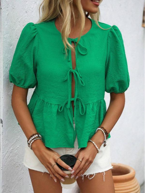 Women's Plain Ruffle Hem Tie Front Blouse, Going Out Tops, Casual Puff Sleeve Split Peplum Top, Holiday Outfits, Ladies Summer Clothes for Daily Wear