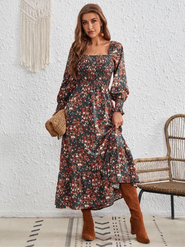 Women's Ditsy Floral Print Frill Trim Shirred A Line Dress, Elegant Bishop Sleeve Square Neck Long Dress for Fall, Fall Outfits, Birthday Dresses 2024, Women's Clothing for Daily Wear