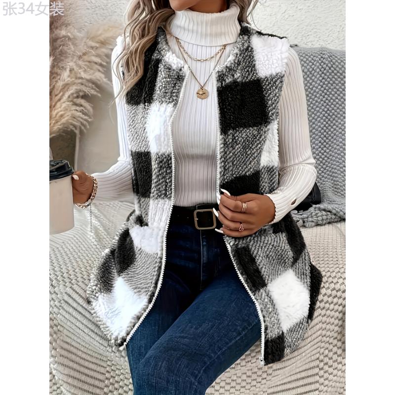 Plus Size Plaid Fuzzy Vest Jacket, Elegant, Sleeveless, Warm, Fall Winter Collar Fabric