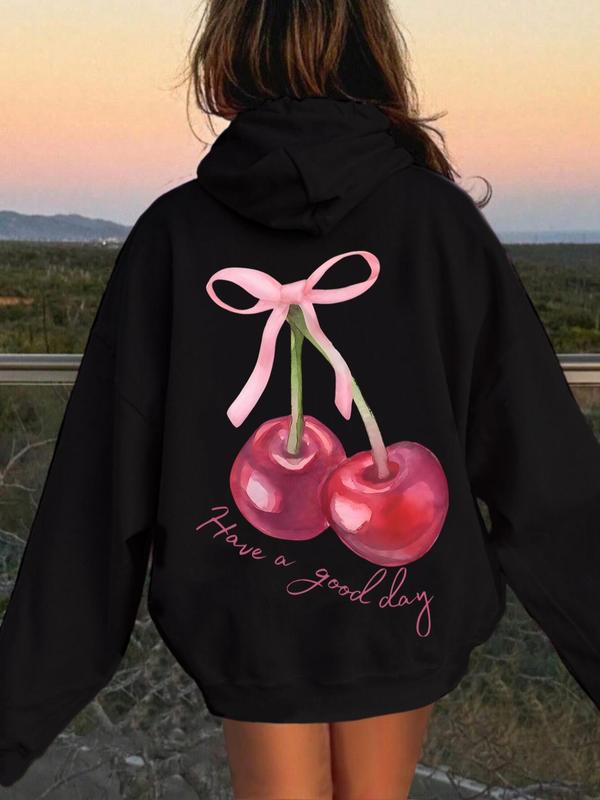 Women's Cherry & Letter Print Drop Shoulder  Thermal Lined Hoodie, Fashion Casual Drawstring Pocket Hooded Sweatshirt for Daily Holiday Outdoor Wear, Ladies Clothes for Fall & Winter