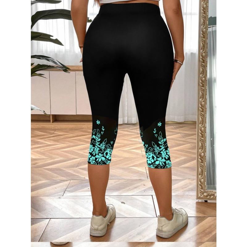 Women's Casual Capri Leggings Floral Print High Rise Slight Stretch Skinny Capri Leggings