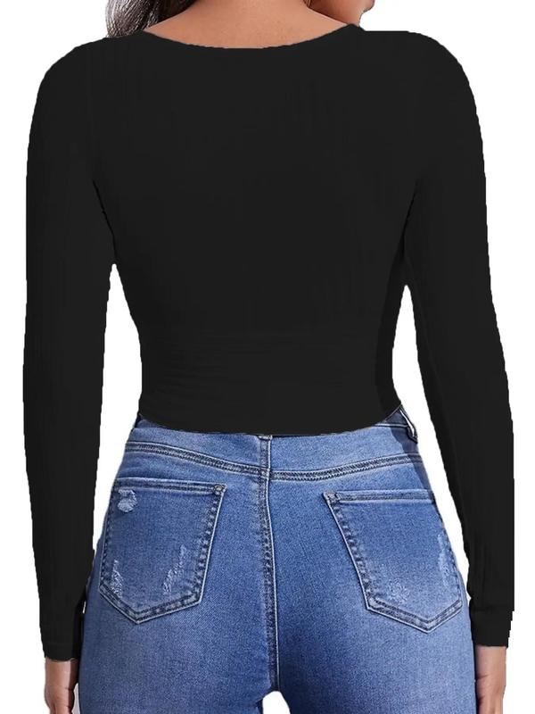 Women's Plain Deep V Neck Long Sleeve Crop Tee, Casual Basic Wrap T-shirt for Daily Wear, Ladies Clothes for All Seasons