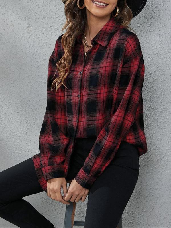 Women's Plaid Print Button Front Drop Shoulder Shirt, Casual Long Sleeve Collared Top for Fall & Winter, Women's Clothes for Daily Wear