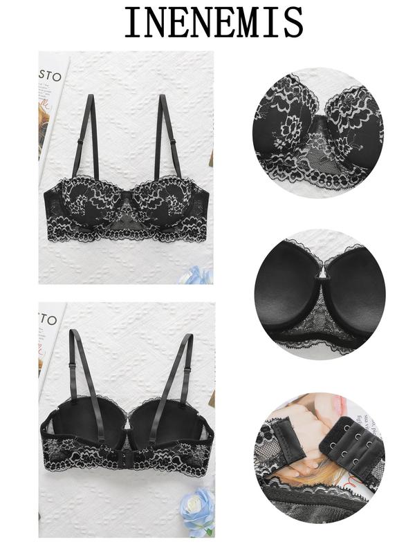 Women's Floral Lace Adjustable Strap Bra, Underwire Push Up Bra for Daily Wear, Soft Comfy Lingerie for All Seasons