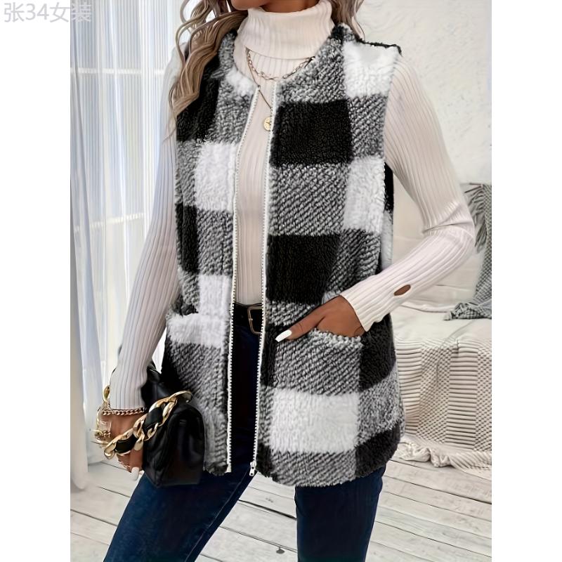 Plus Size Plaid Fuzzy Vest Jacket, Elegant, Sleeveless, Warm, Fall Winter Collar Fabric