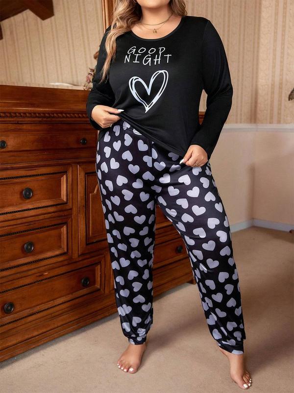  Two-piece Set Heart & Letter Print Pyjama, Casual Comfy Round Neck Long Sleeve Top & Pants PJ Set, Women's Sleepwear for All Seasons