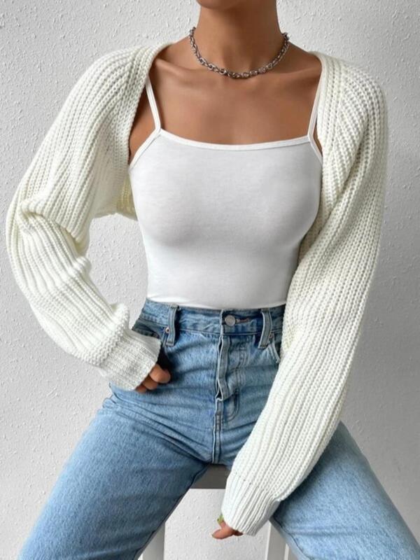 Women's Solid Raglan Sleeve Open Front Crop Shrug Cardigan, Casual Long Sleeve Knitting Cardigan Sweater for Spring & Fall, Fashion Women's Knitwear for Daily Wear, Cardigan for Women, Summer Clothes Women