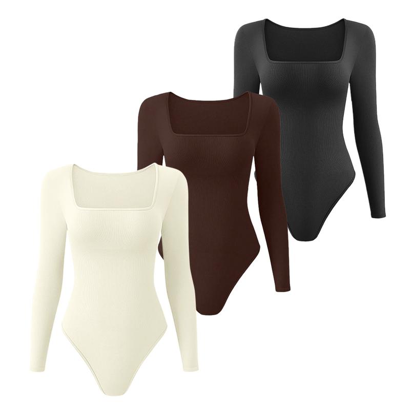 MOVWIN Tummy Control Thong Long Sleeve Comfort Underwear Boddysuit  Ribbed Bodysuit， Women's Sexy Square Neck Bodysuit