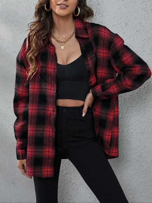 Women's Plaid Print Button Front Drop Shoulder Shirt, Casual Long Sleeve Collared Top for Fall & Winter, Women's Clothes for Daily Wear