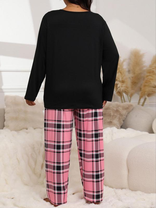  Two-piece Set Long Sleeve Heart Print Tee & Plaid Print Bow Decor Pants Pyjama, Casual Comfy Round Neck Top & Trousers Pj Set, Women's Sleepwear for Spring & Fall