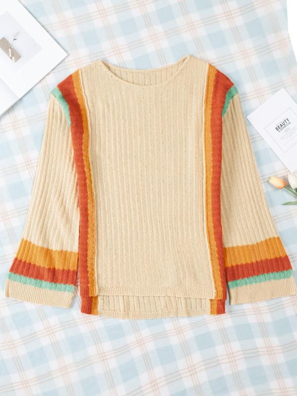  Colorblock Striped Print Drop Shoulder Sweater, Casual Long Sleeve Round Neck Jumper for Fall & Winter, Women's Plus Clothing for Daily Wear