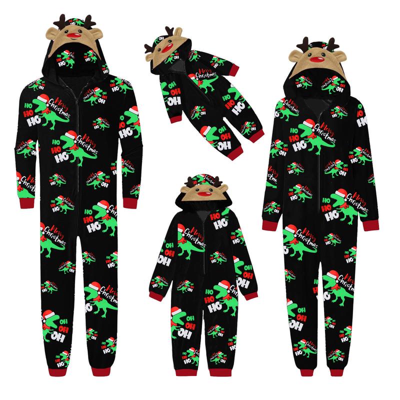 Black Green Christmas Family Matching Jumpsuit, Long Sleeve Hooded Dinosaur Print Zipper Closure Loungewear