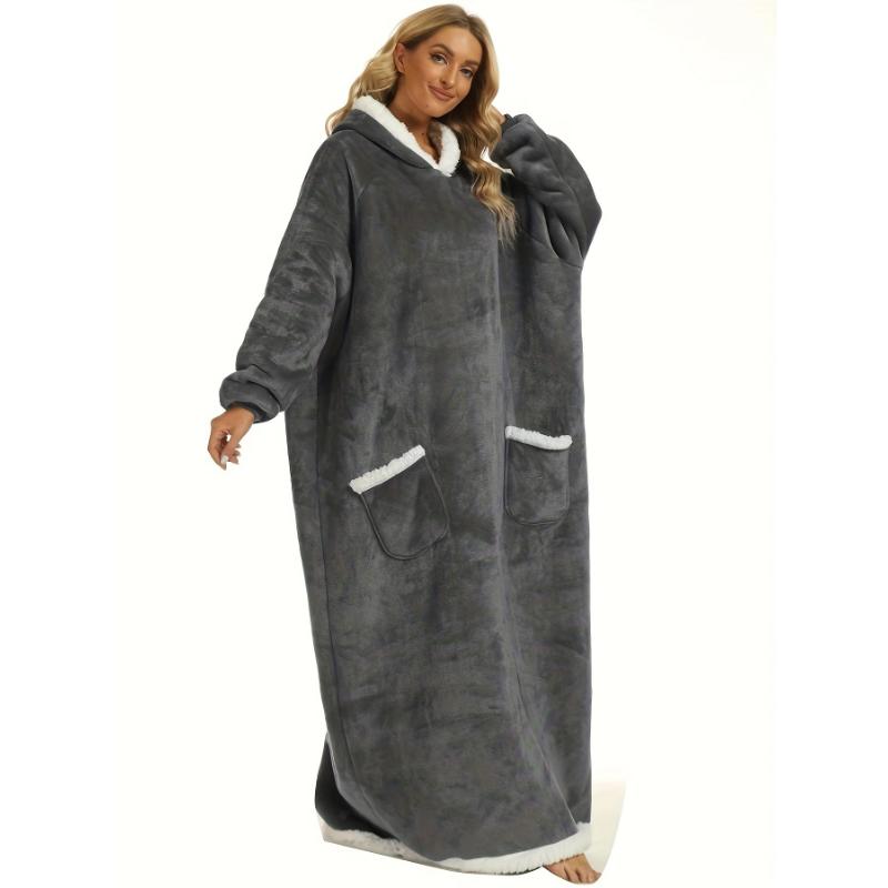 Plus Size Casual Loungewear Robe, Women's Plus Long Sleeve Hooded Flannel Cozy Wearable Blanket With Pockets