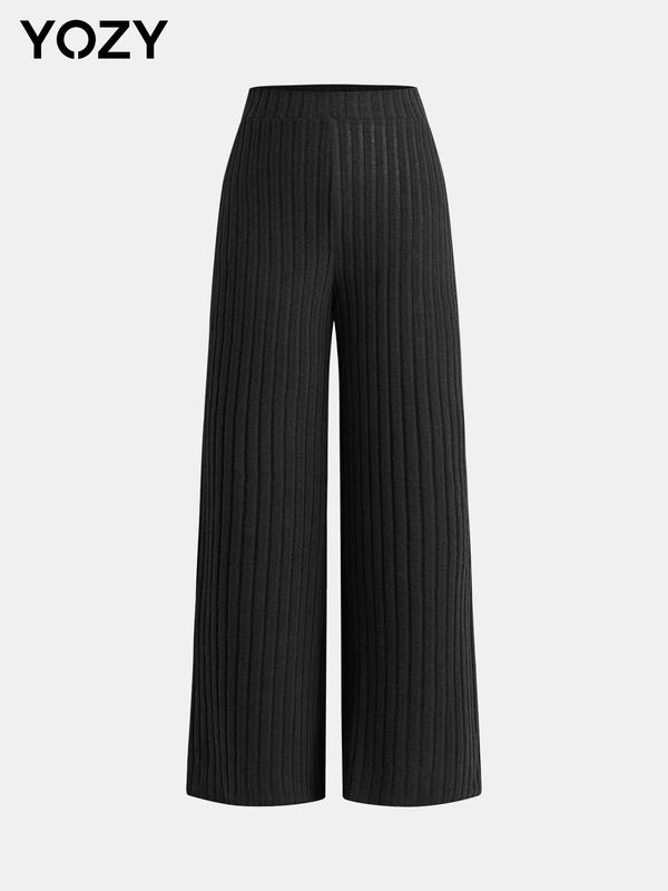 YOZY [3 colors] Ribbed Elastic Waist Pants, Casual Comfy Solid Wide Leg Trousers, 2024 Women's Daily Wear for Spring & Fall