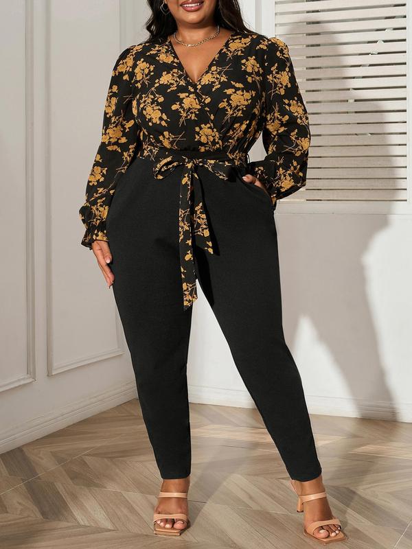 CURVZY Plus Size Floral Patchwork Print Pocket Belted Wrap Jumpsuit, Casual Long Sleeve V Neck Jumpsuit for Fall, Women's Clothes for Daily Wear,Thanksgiving Outfit,Black Friday Haul,Black Out Wednesday Outfits