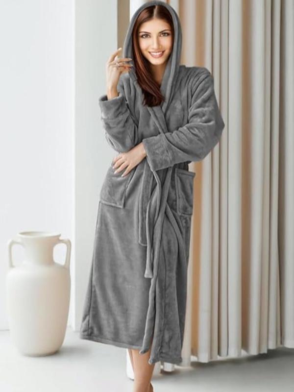 Women's Solid Belted Pocket Hooded Flannel Robe, Casual Long Sleeve Thermal Lined Robe, Women's Sleepwear for Fall & Winter