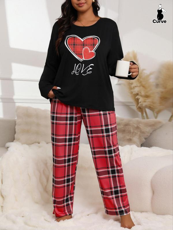  Two-piece Set Long Sleeve Heart Print Tee & Plaid Print Bow Decor Pants Pyjama, Casual Comfy Round Neck Top & Trousers Pj Set, Women's Sleepwear for Spring & Fall