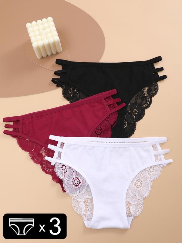 Women's 3pcs Plain Contrast Lace Cut Out Knicker, Soft Comfy Breathable Panty for Daily Wear, Underwear for All Seasons