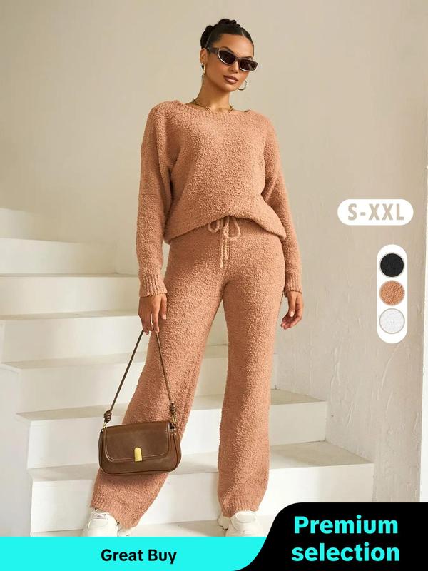 Two-Piece Set Women's Plain Drop Shoulder Knit Top & Tie Front Knitting Pants, Casual Fashion Cozy Round Neck Long Sleeve Top & Trousers for Daily Outdoor Wear, Women's Clothing for Fall & Winter