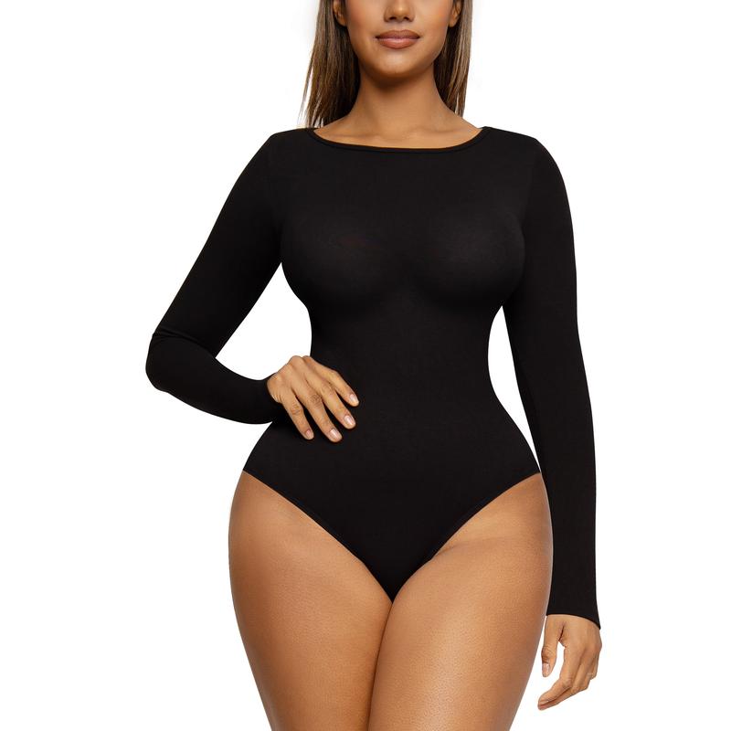 FeelinGirl Women's Scoop Neck Long Sleeve Thong Body Suit Soft Body-Hugging Going Out Tops Basic  Comfortable Womenswear Fashion Spandex Bodysuits Button Bodysuits Button Lady