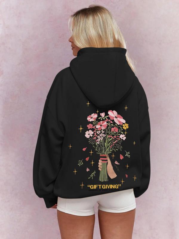 Women's Floral & Letter Print Drop Shoulder Hoodie, Fashion Casual Drawstring Pocket Hooded Sweatshirt for Daily Holiday Outdoor Wear, Women Clothing for Fall & Winter