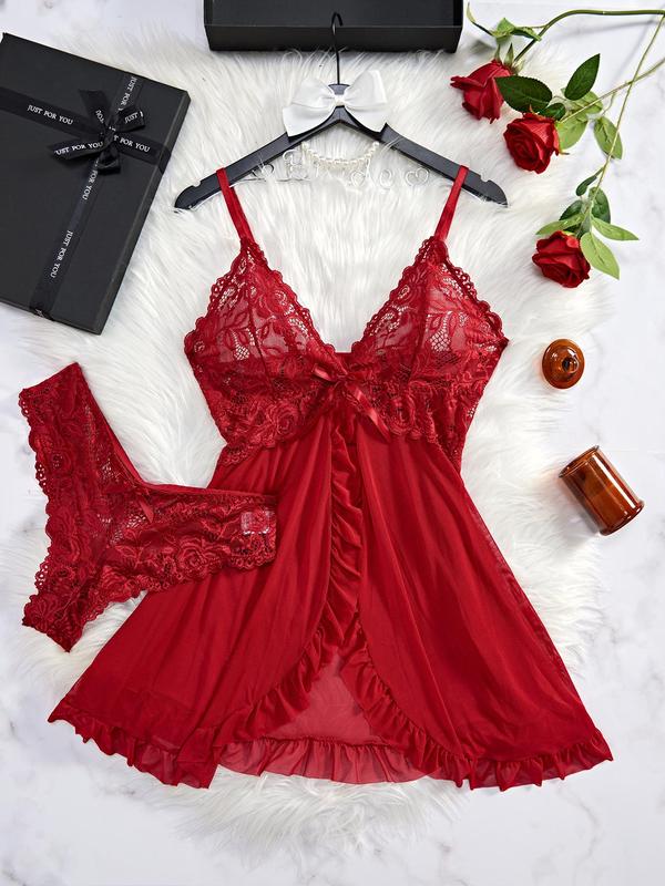 Women's Minimalist Contrast Lace Ruffle Hem Loungewear Set, Sleeping Beauty Sexy Comfort Backless Cami Nightdress & Lace Panty, Summer Clothes Women, Ladies Summer Sleepwear Homewear Set, Womenswear