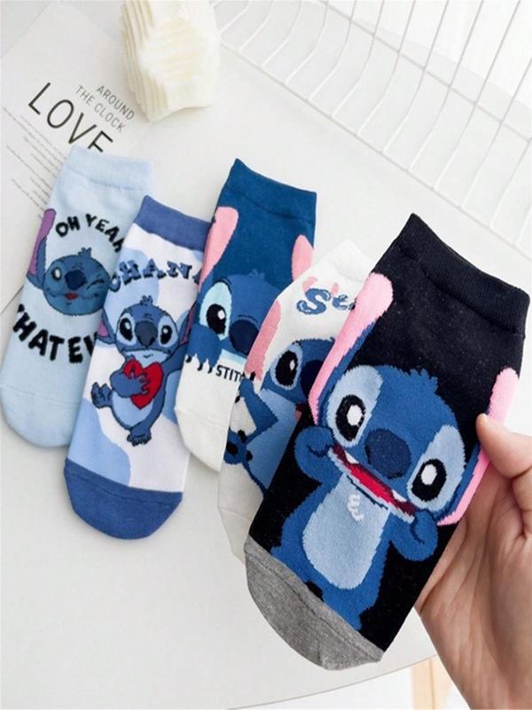 Cartoon Stitch Pattern & Letter Print Ankle Socks, Cute Comfy Breathable Socks for Women, Multipack Knit Crew Socks, Women's Socks & Hosiery