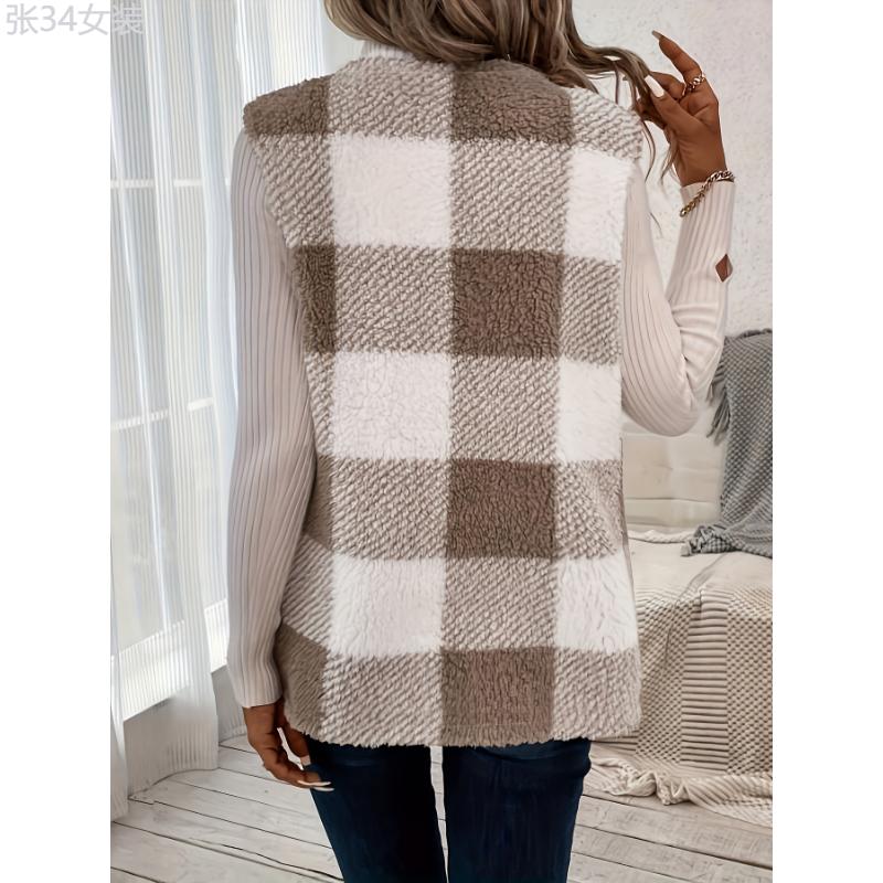 Plus Size Plaid Fuzzy Vest Jacket, Elegant, Sleeveless, Warm, Fall Winter Collar Fabric