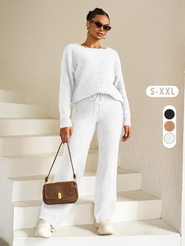 Two-Piece Set Women's Plain Drop Shoulder Knit Top & Tie Front Knitting Pants, Casual Fashion Cozy Round Neck Long Sleeve Top & Trousers for Daily Outdoor Wear, Women's Clothing for Fall & Winter