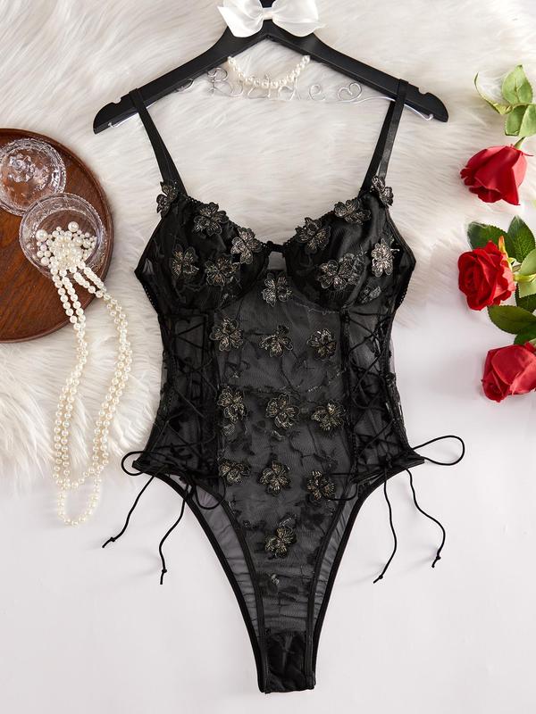 Women's Floral Appliques Lace Up Sheer Tulle Teddy Bodysuit, Elegant Romantic Adjustable Spaghetti Strap Sexy Lingerie Bodysuit For Daily Wear, Ladies Clothes For All Seasons