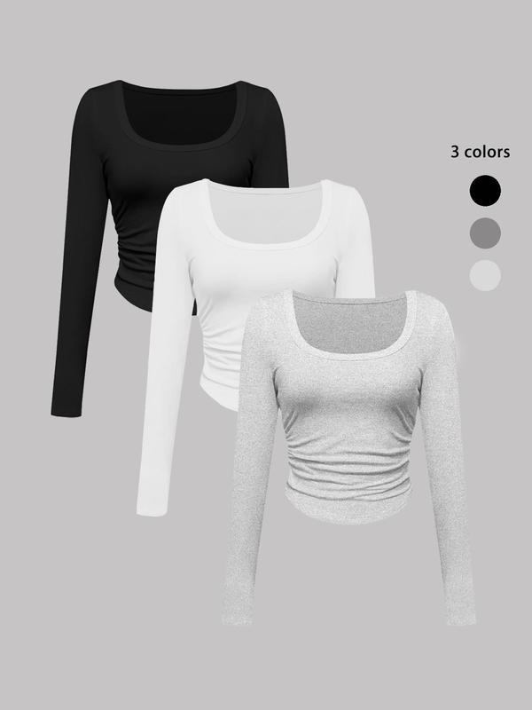 Women's Solid Ruched Scoop Neck Tee, Casual Long Sleeve T-shirt for Fall & Winter, Women's Clothing for Daily Wear