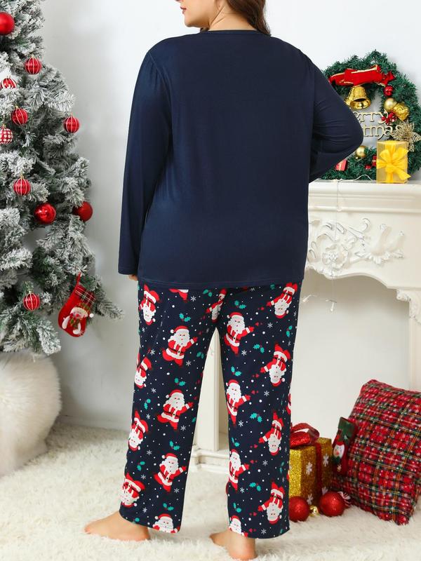  Two-Piece Set Letter & Christmas Print Pajama Set, Casual Comfy Round Neck Long Sleeve Top & Pants, Women's Sleepwear for Spring & Fall