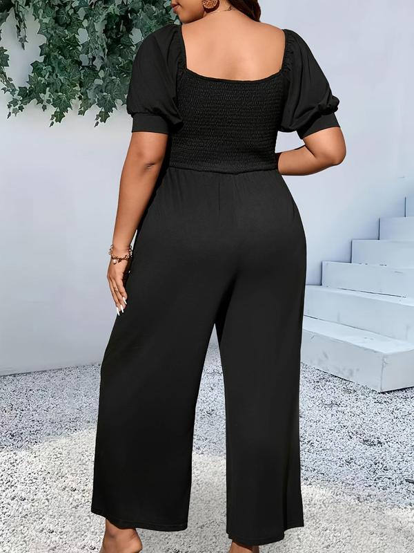 Plus Size Plain Shirred Pocket Wide Leg Jumpsuit, Casual Comfort Elegant Square Neck Puff Sleeve Jumpsuit, Back To School Clothes, Jumpsuit for Women, Women's Summer Clothes for Daily Womenswear