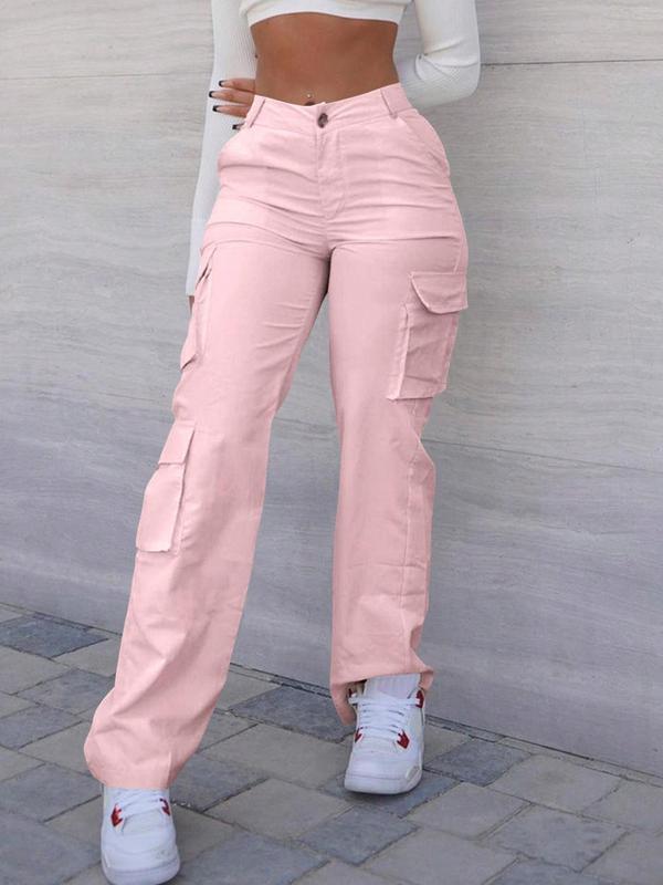 Women's Plain Pocket Button Cargo Pants, Street Fashion Elastic Waist Straight Leg Trousers for Daily Wear, Ladies Bottoms for Fall, Fall Outfits